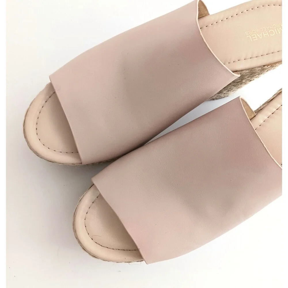 Michael Kors Cunningham Platform Wedge Lt Pink Leather Jute Logo Heel 9.5M